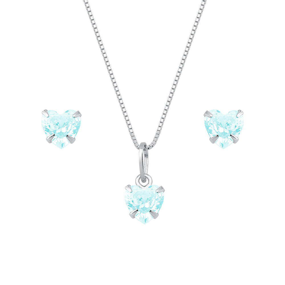 conjunto de coração azul em zircônia prata 925