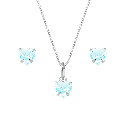 Conjunto de Coração Azul em Zircônia Prata 925