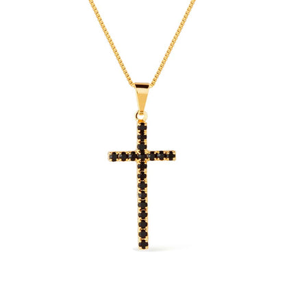 Colar Dourado de Cruz Cravejado de Pedra Natural Negra