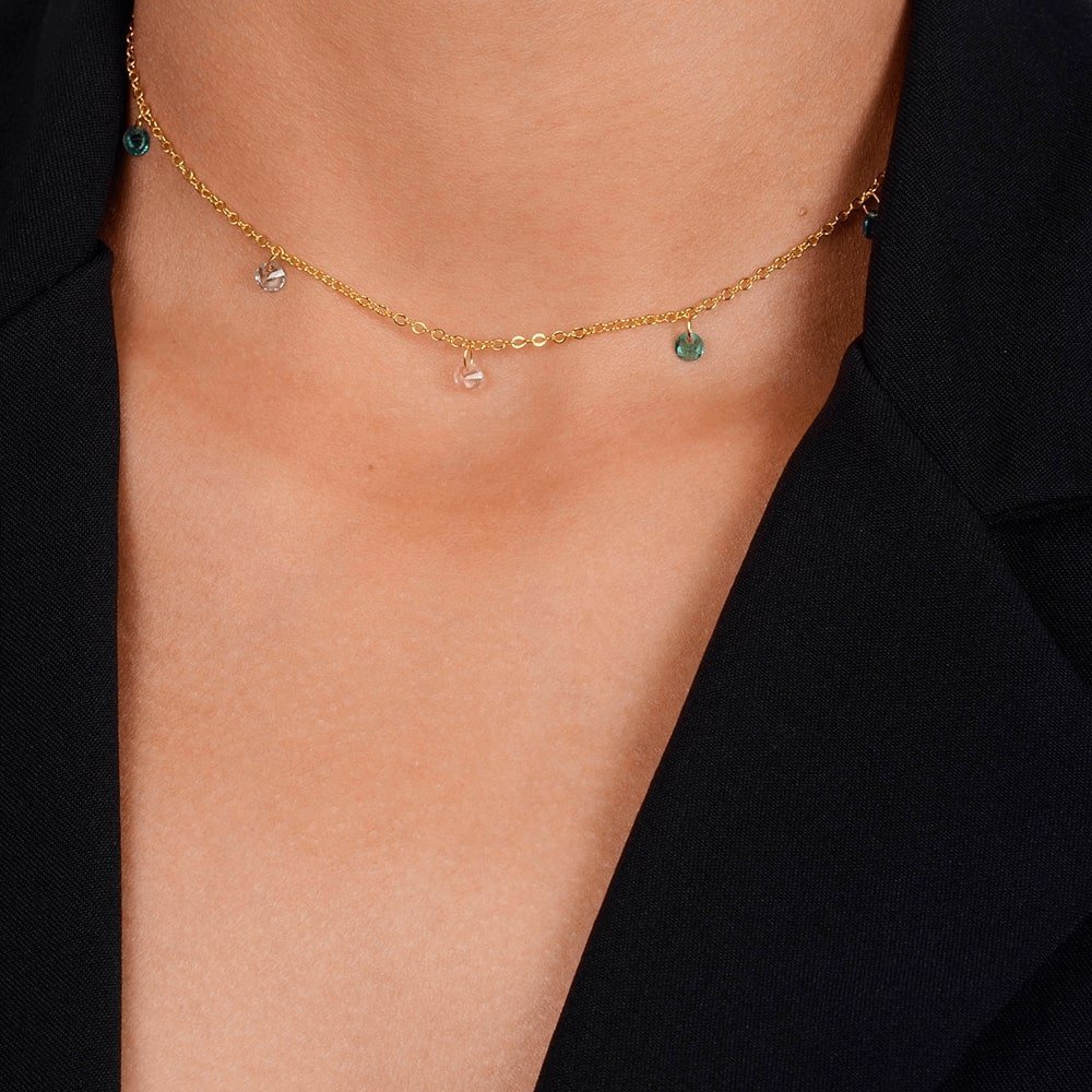 colar dourado chocker pontos de luz coloridos cristais - galeria