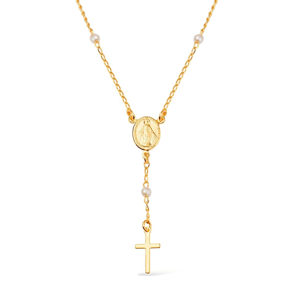 colar dourado religioso terço cruz e pérolas