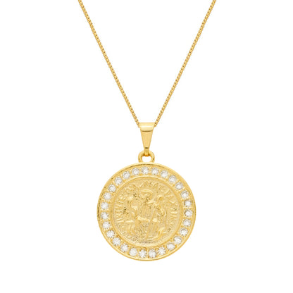 Colar Dourado Medalha São Miguel Arcanjo Cravejado de Zircônia