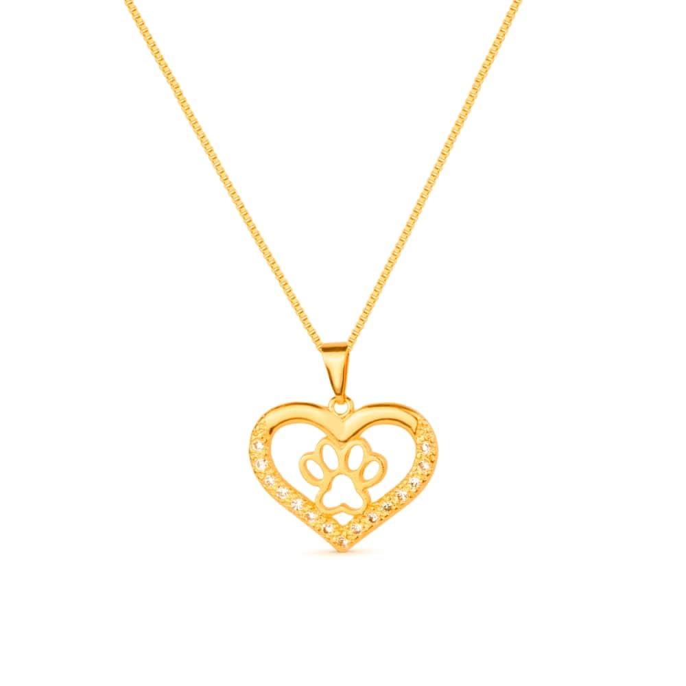 colar dourado chocker de coração e pata pet zircônia