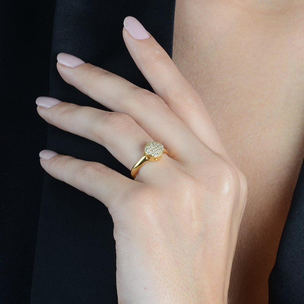 anel dourado chuveirinho cravejado de zircônia - galeria