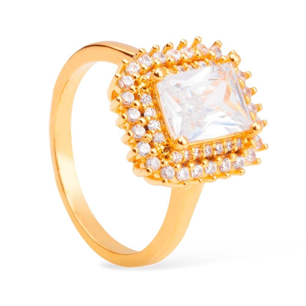 anel dourado solitário com zircônia