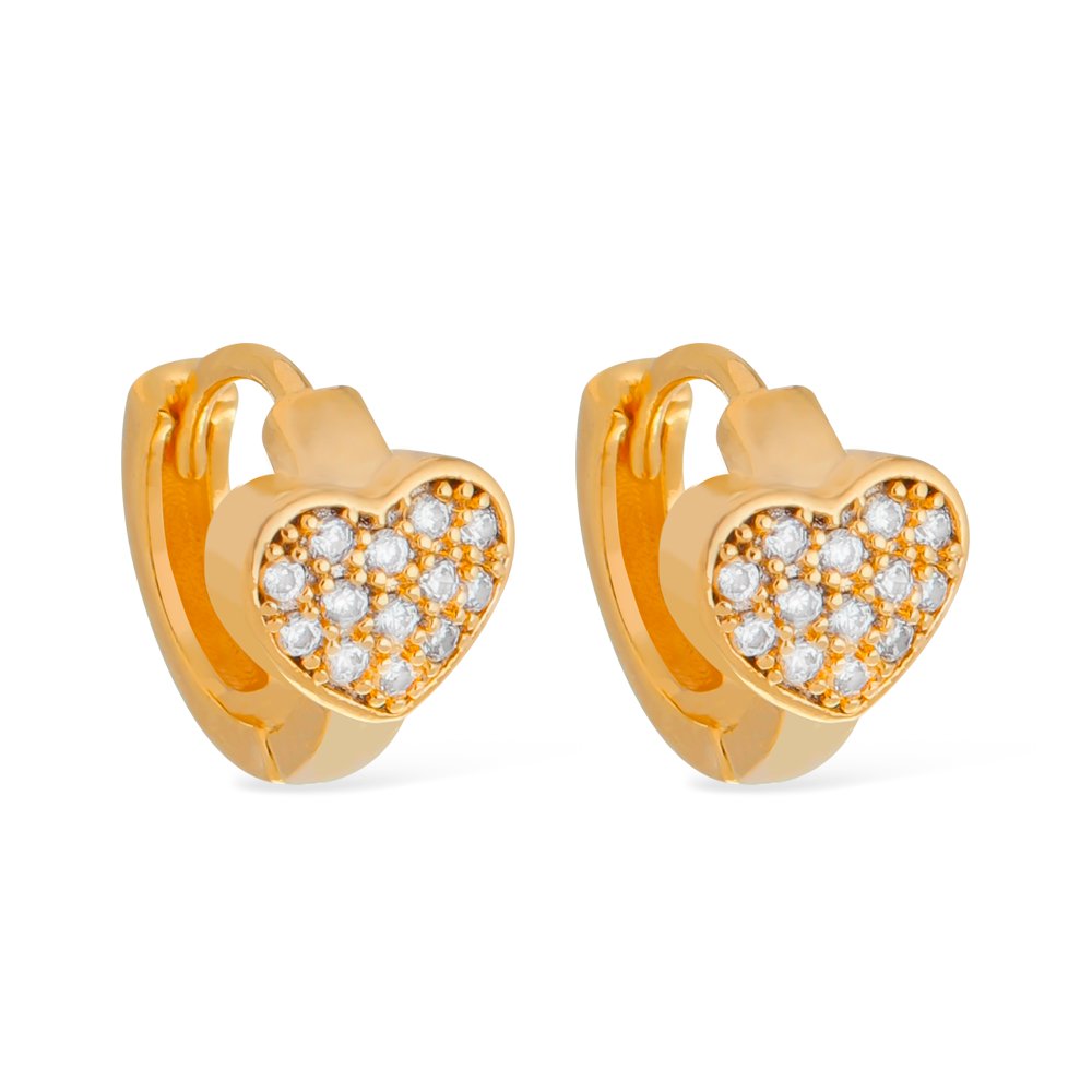 brinco dourado de argolinha pequeno coração cravejado de pedras