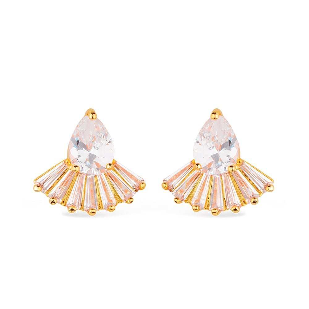 brinco dourado gota e coroa com 8 pedras de zircônia